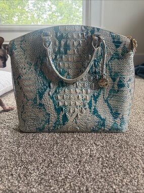 Brahmin Cream Tote with Teal Croc-Embossed Accents